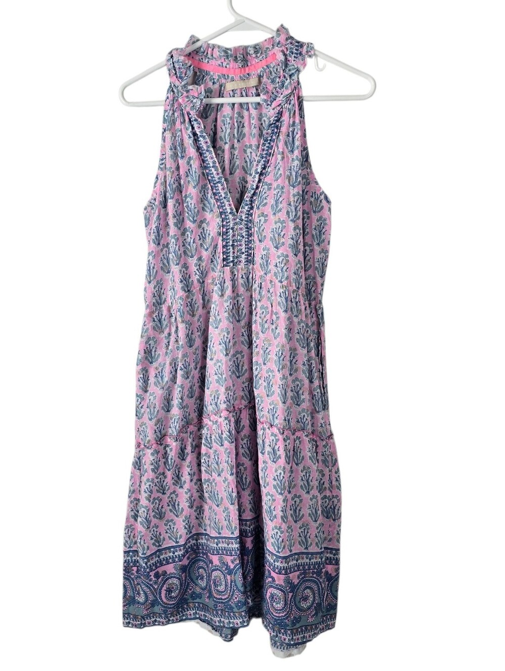 Lola Australia V Neck Ruffled Tiered Cotton Dress S Geometric Paisley Print